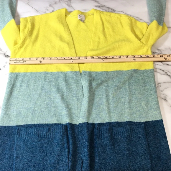 A New Day Blue Yellow Stripe Knit Tunic Cardigan Sweater Womens Small Open Front - Picture 8 of 10